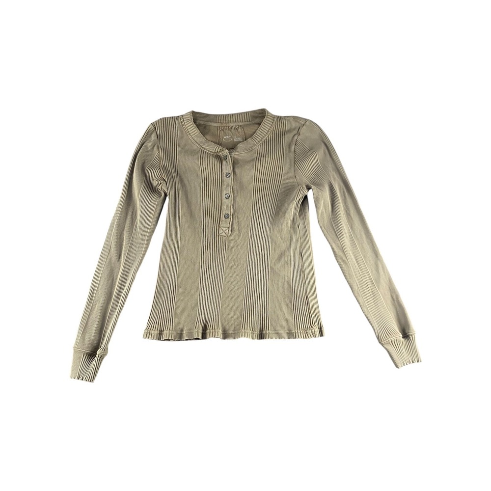 Aerie Long Sleeve Henley Ribbed Top Brown Size L